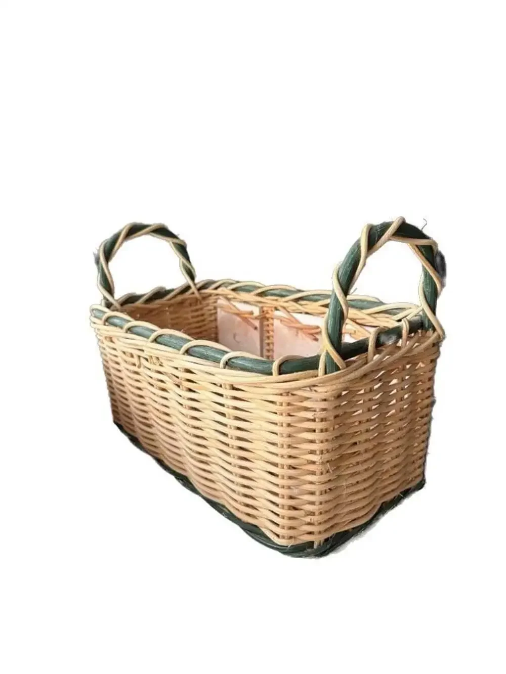 Vintage Woven Wicker Basket with Hand-Painted Floral Ceramic Tiles